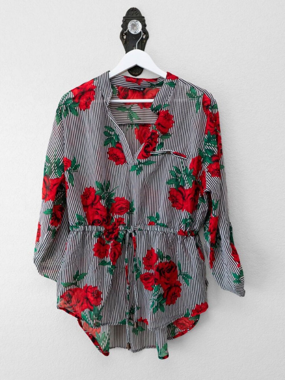 Indulge 1X Semi Sheer Rose Floral Stripe Blouse Drawstring Waist Boho Top